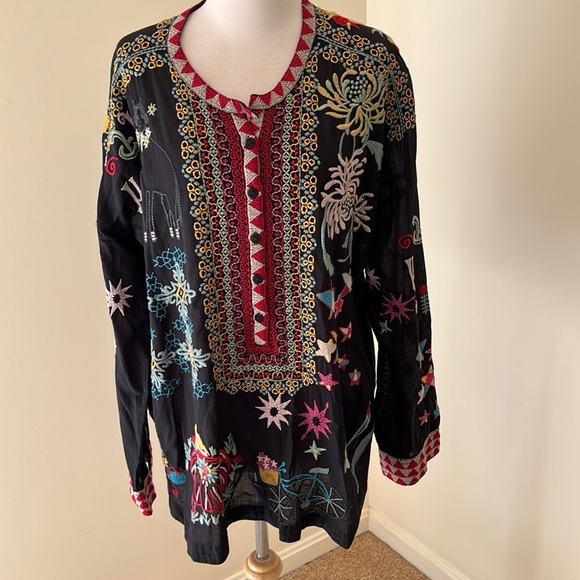 JOHNNY WAS Size XL mishti cotton embroidered cotton voile top